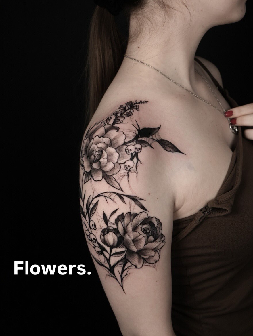Blackwork flower shoulder tattoo by Lucas Macauley